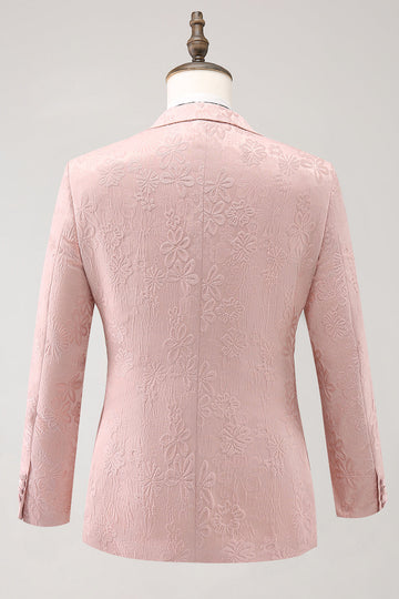 Light Pink 3 Piece Peak Lapel Jacquard One Button Men's Formal Suits